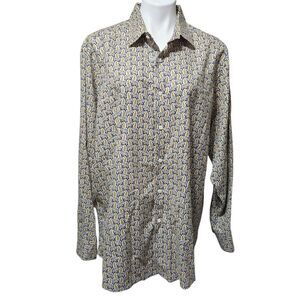Cremieux button front long sleeve shirt 100% cotton paisley gold blue white XL